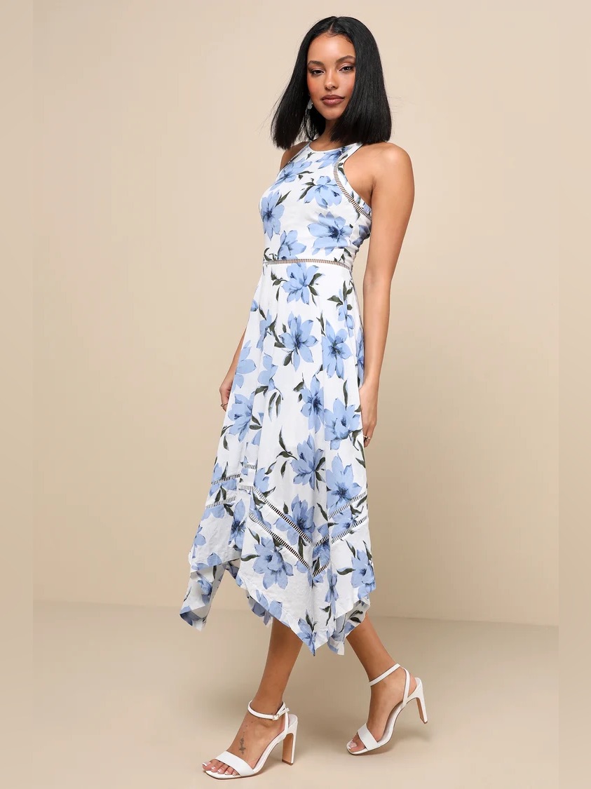 Lulu's Lovely Blue And White Floral Print Midi Dress. Summer Dress, Size Medium